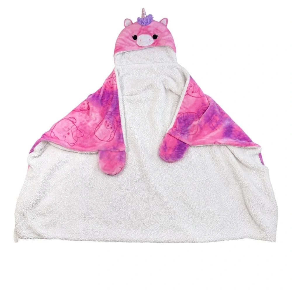 Squishmallows Lola Unicorn Hooded Blanket Kids Pink Purple Tie Dye Sherpa Plush